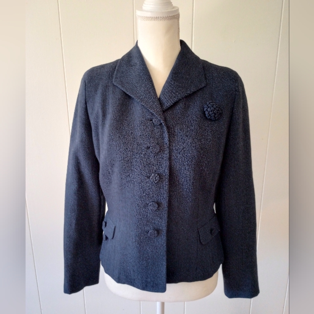 Vintage Hahne & Co Wool Blazer Jacket Women's Small Navy Blue Button Front